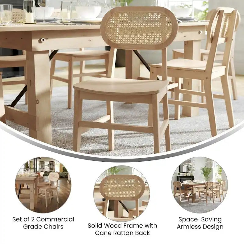 Chaises en rotin tressé à dossier et assise en bois avec structure en bois