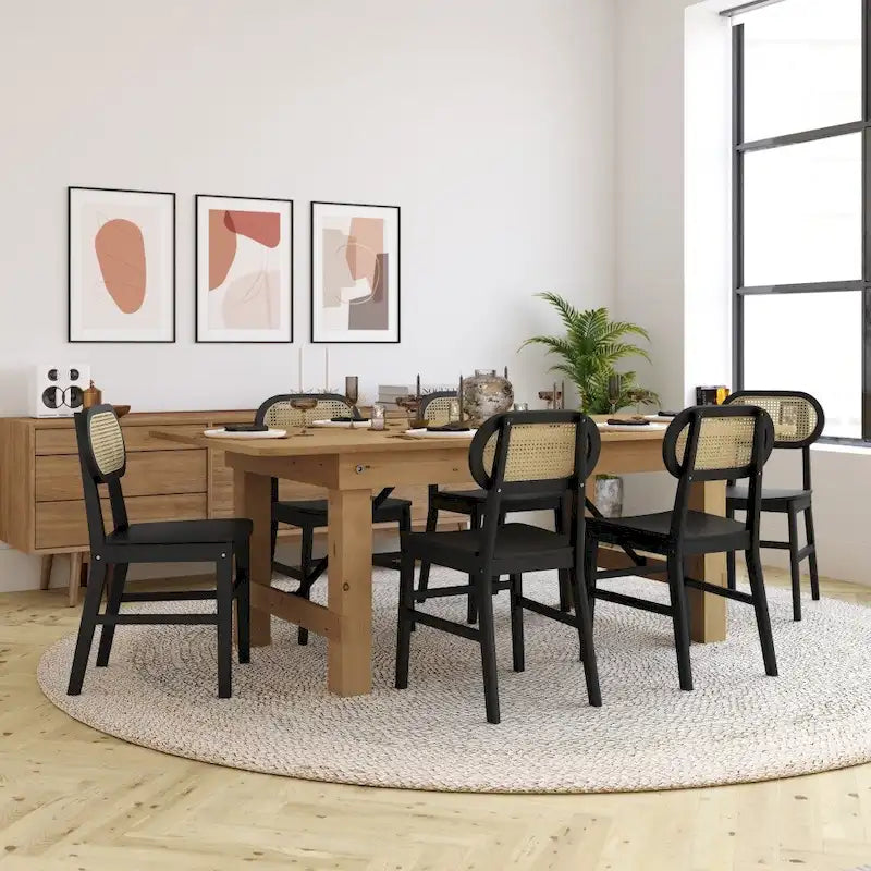 Chaises en rotin tressé à dossier et assise en bois avec structure en bois