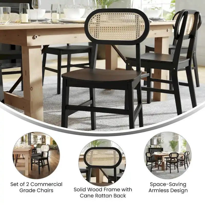 Chaises en rotin tressé à dossier et assise en bois avec structure en bois