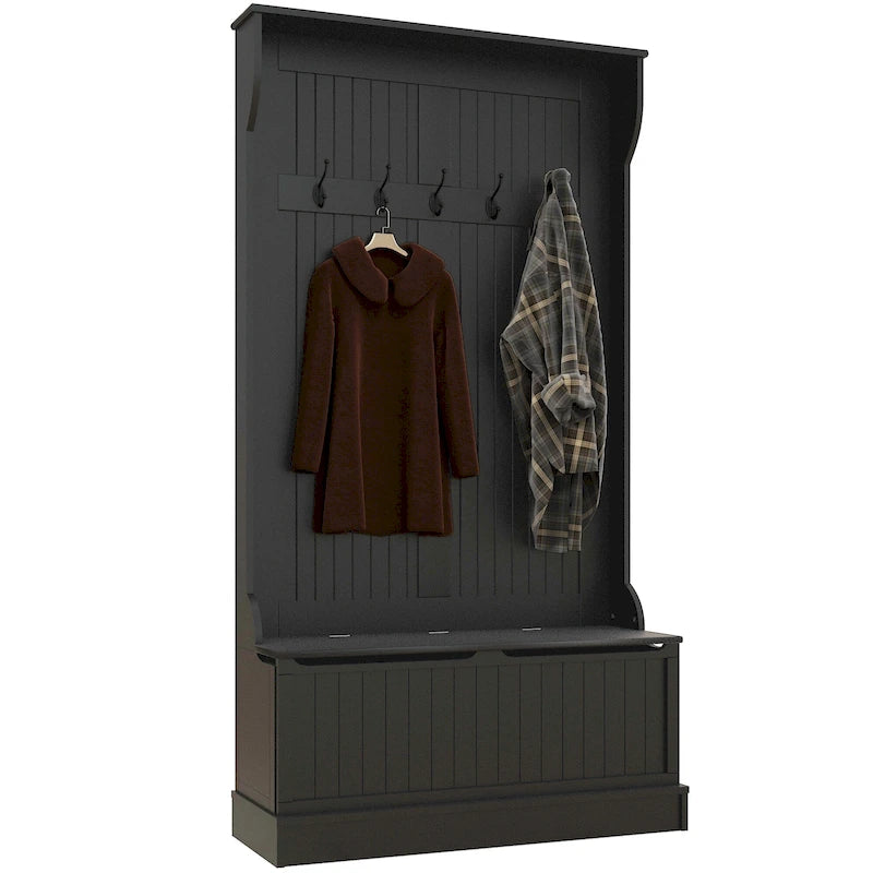 Meuble d'entrée 3-en-1 de 96,5 cm avec banc de rangement, porte-manteau à quatre crochets et rangement à chaussures, noir