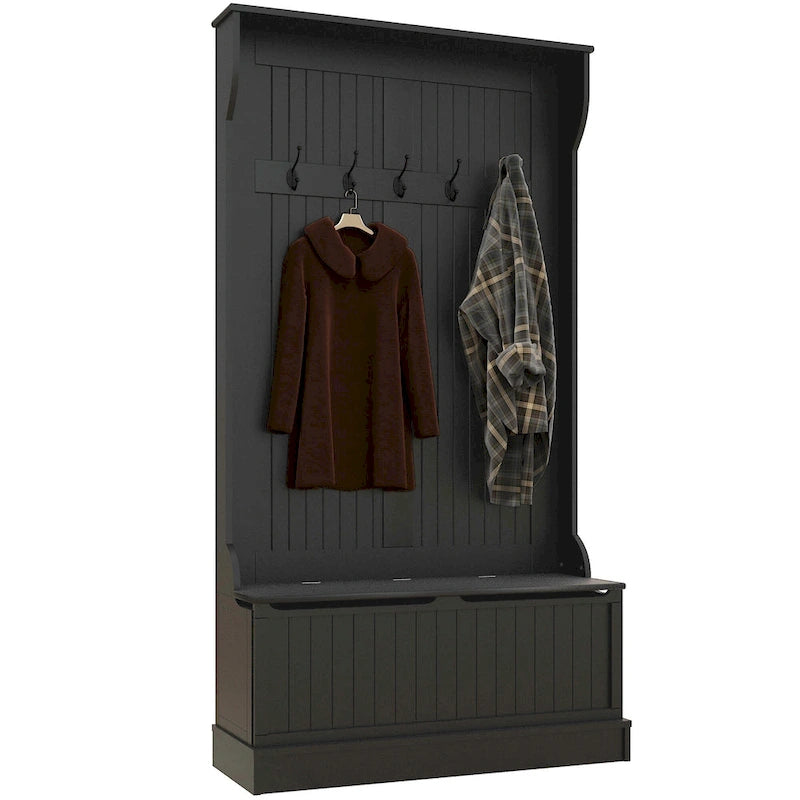 Meuble d'entrée 3-en-1 de 96,5 cm avec banc de rangement, porte-manteau à quatre crochets et rangement à chaussures, noir