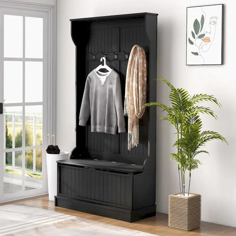 Meuble d'entrée 3-en-1 de 96,5 cm avec banc de rangement, porte-manteau à quatre crochets et rangement à chaussures, noir