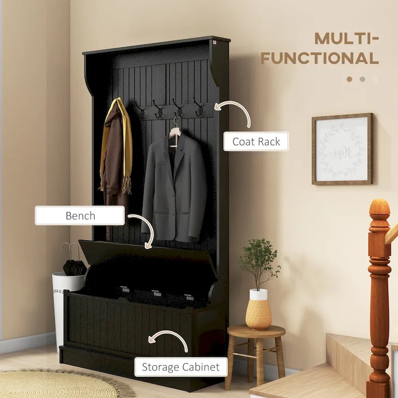 Meuble d'entrée 3-en-1 de 96,5 cm avec banc de rangement, porte-manteau à quatre crochets et rangement à chaussures, noir