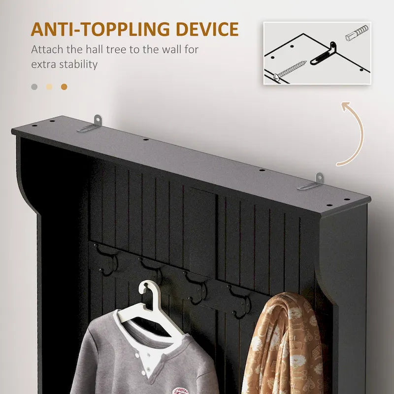Meuble d'entrée 3-en-1 de 96,5 cm avec banc de rangement, porte-manteau à quatre crochets et rangement à chaussures, noir