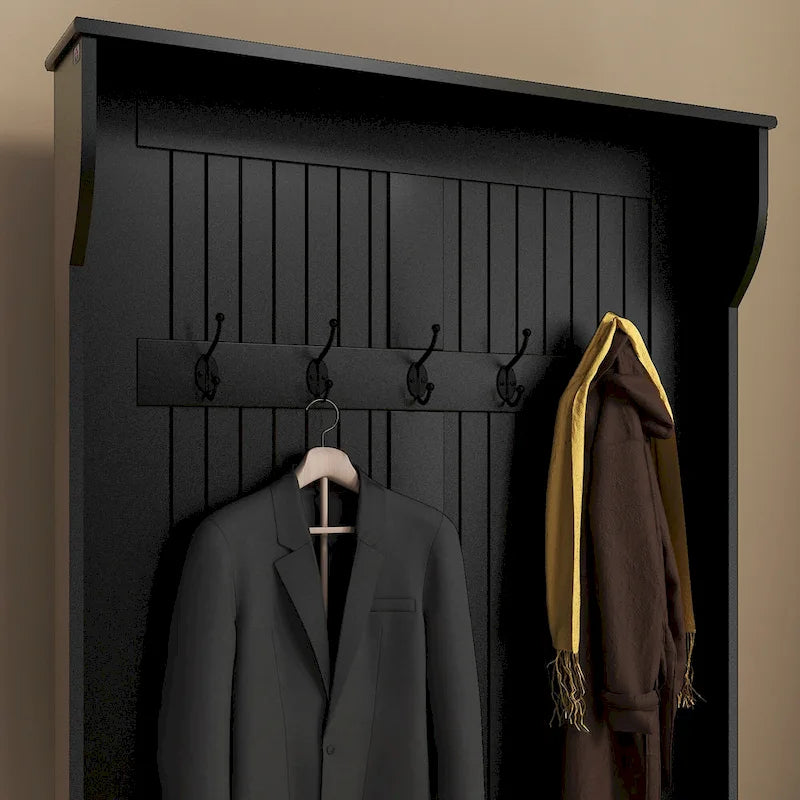 Meuble d'entrée 3-en-1 de 96,5 cm avec banc de rangement, porte-manteau à quatre crochets et rangement à chaussures, noir