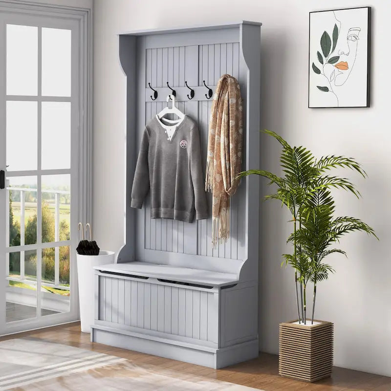 Meuble d'entrée 3-en-1 de 96,5 cm avec banc de rangement, porte-manteau à quatre crochets et rangement à chaussures, noir
