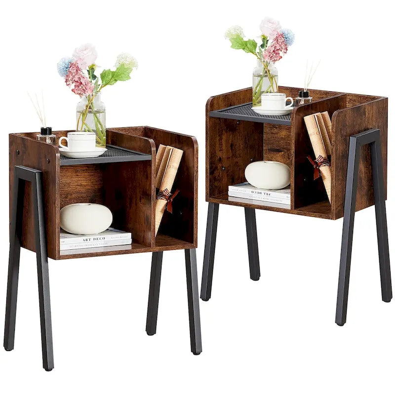 Tables de chevet industrielles avec étagères de rangement, marron