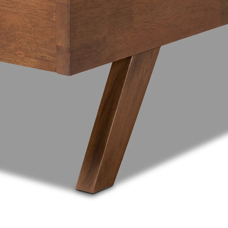 Lit en tissu beige clair et bois de noyer de style moderne du milieu du siècle