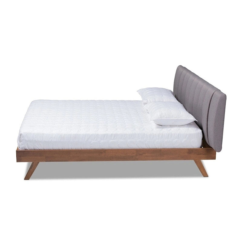 Lit en tissu beige clair et bois de noyer de style moderne du milieu du siècle