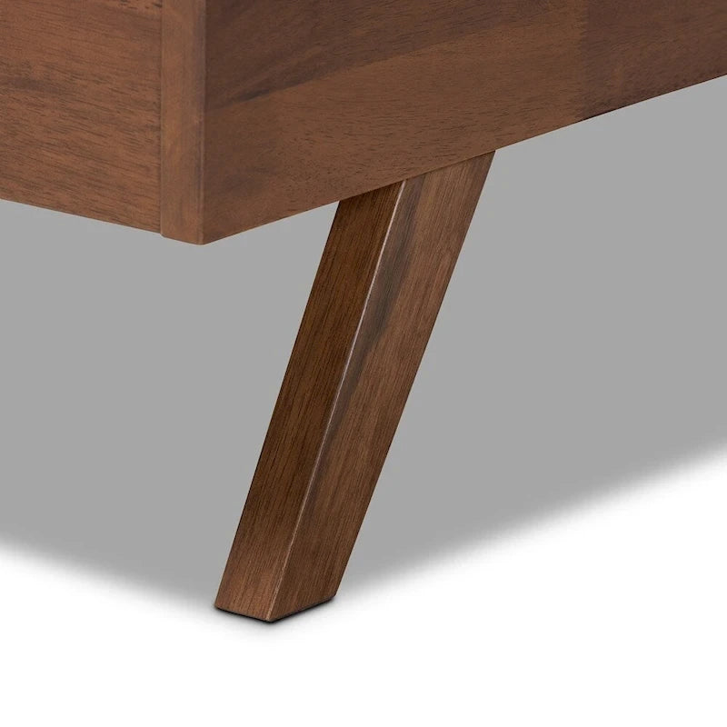 Lit en tissu beige clair et bois de noyer de style moderne du milieu du siècle