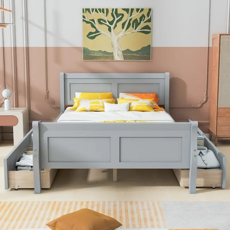 Lit plateforme en bois avec 4 tiroirs et tête et pied de lit épurés