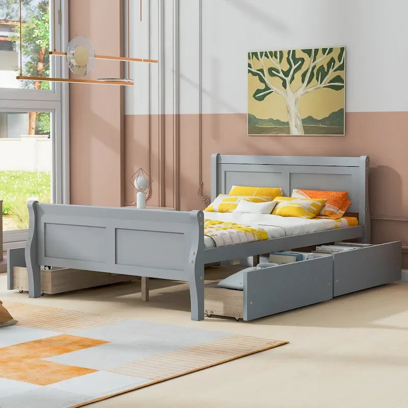 Wood Platform Bed with 4 Drawers and Streamlined Headboard & Footboard