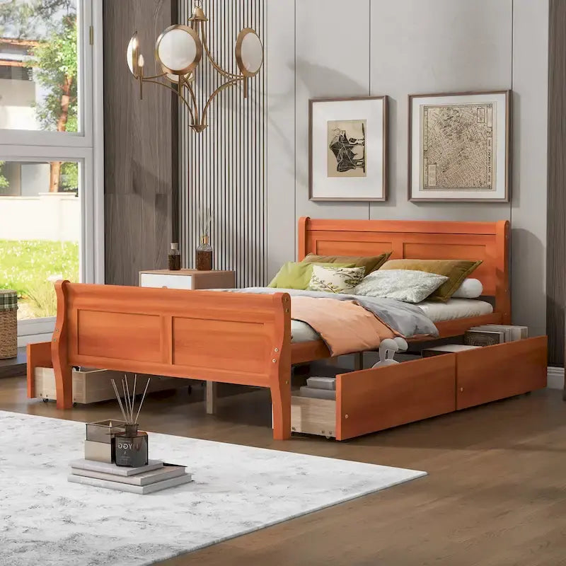 Lit plateforme en bois avec 4 tiroirs et tête et pied de lit épurés