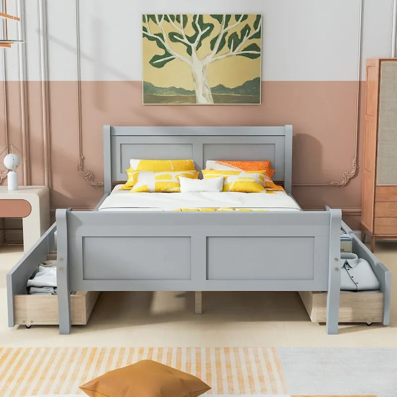 Lit plateforme en bois avec 4 tiroirs et tête et pied de lit épurés