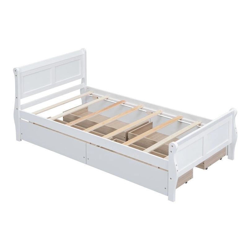 Lit plateforme en bois avec 4 tiroirs et tête et pied de lit épurés