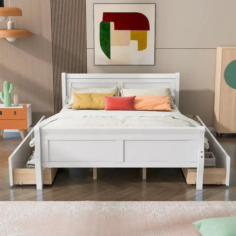 Lit plateforme en bois avec 4 tiroirs et tête et pied de lit épurés