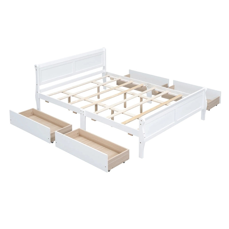 Lit plateforme en bois avec 4 tiroirs et tête et pied de lit épurés