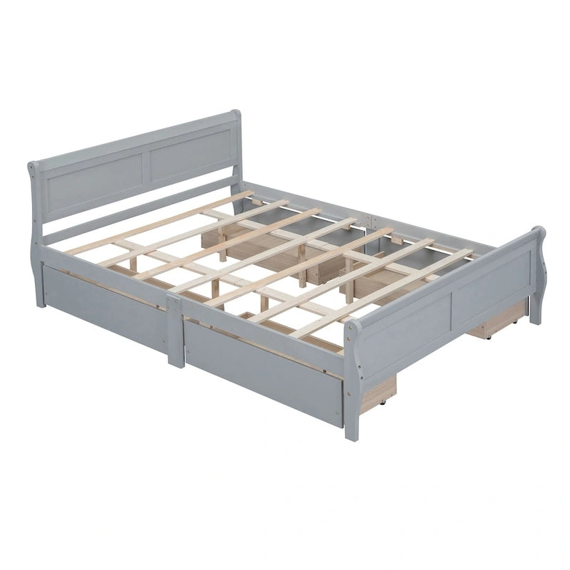 Lit plateforme en bois avec 4 tiroirs et tête et pied de lit épurés
