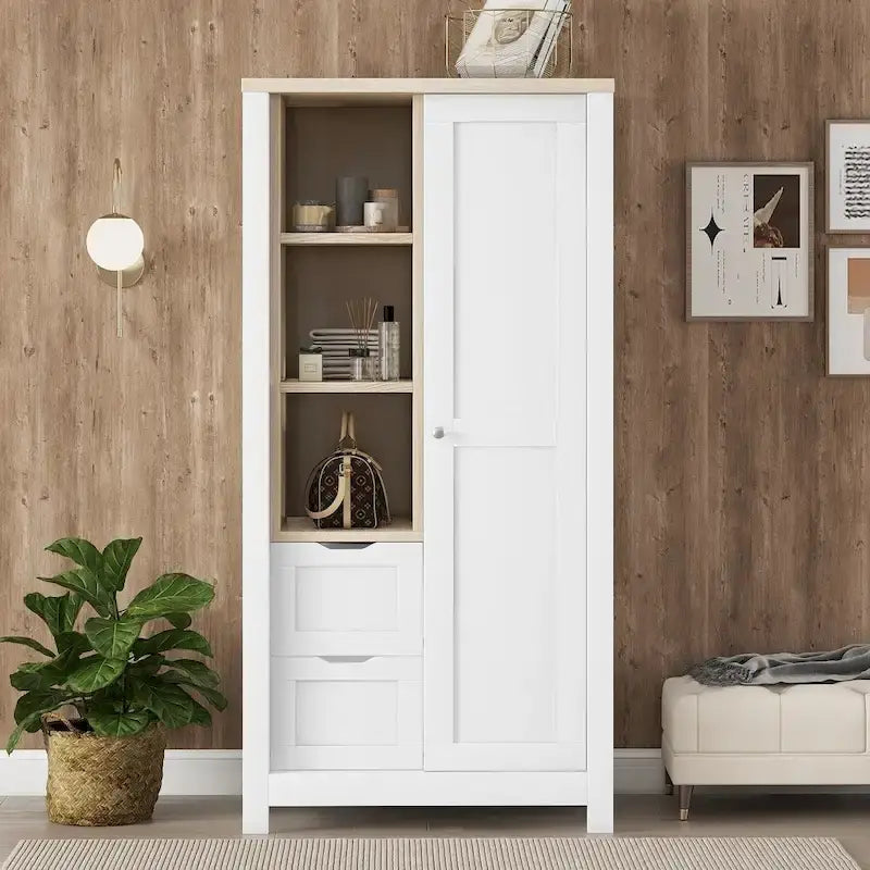 Armoire de chambre avec tringles de suspension, 2 tiroirs et étagères ouvertes