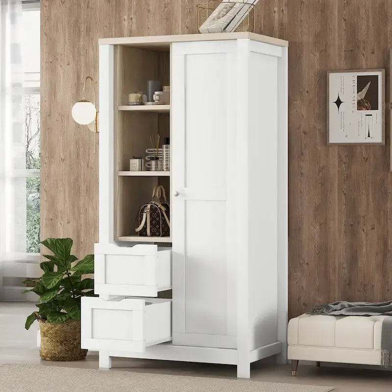 Armoire de chambre avec tringles de suspension, 2 tiroirs et étagères ouvertes