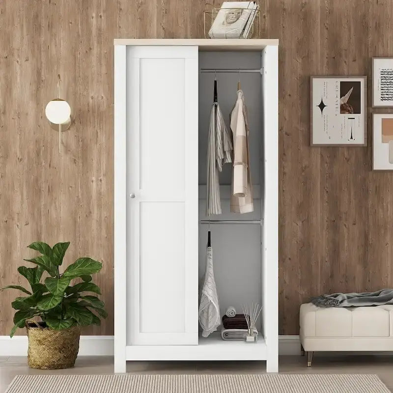 Armoire de chambre avec tringles de suspension, 2 tiroirs et étagères ouvertes