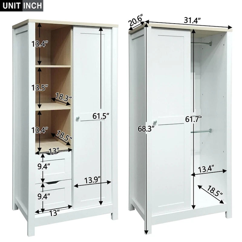 Armoire de chambre avec tringles de suspension, 2 tiroirs et étagères ouvertes