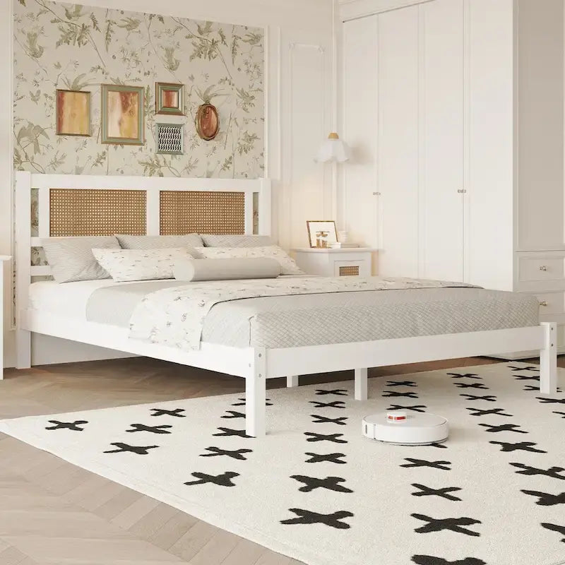 Lit plateforme en bois avec tête de lit en rotin naturel, élégance exquise au charme minimaliste pour chambre à coucher