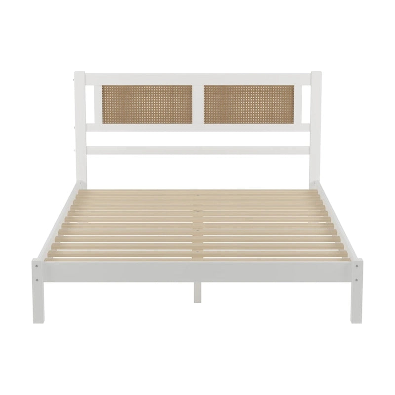 Lit plateforme en bois avec tête de lit en rotin naturel, élégance exquise au charme minimaliste pour chambre à coucher