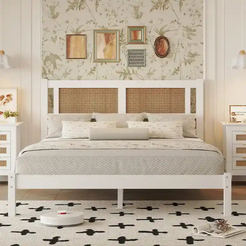 Lit plateforme en bois avec tête de lit en rotin naturel, élégance exquise au charme minimaliste pour chambre à coucher