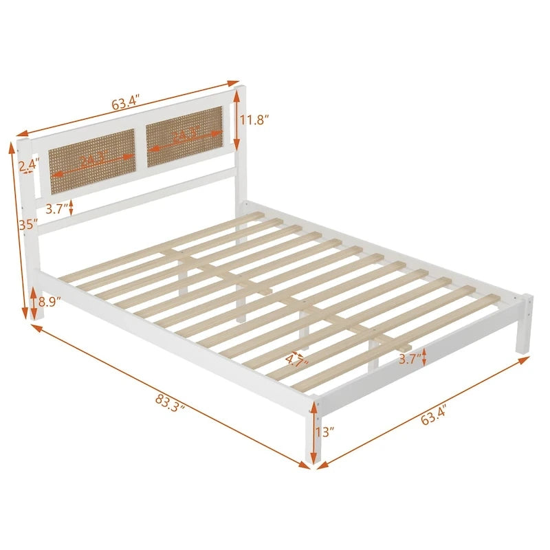 Lit plateforme en bois avec tête de lit en rotin naturel, élégance exquise au charme minimaliste pour chambre à coucher