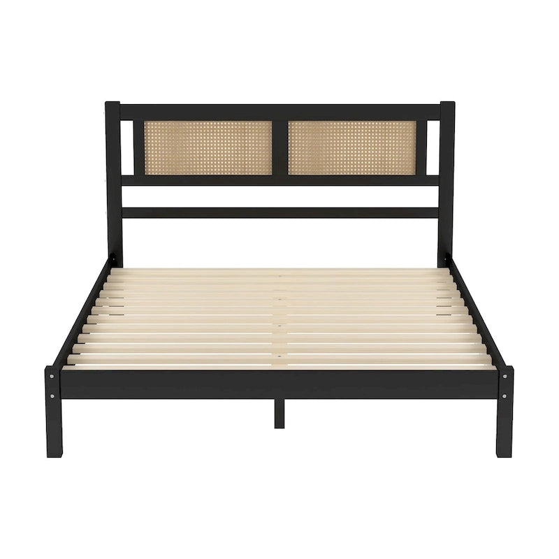 Lit plateforme en bois avec tête de lit en rotin naturel, élégance exquise au charme minimaliste pour chambre à coucher