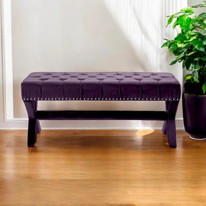 Banc rembourré en velours prune 45