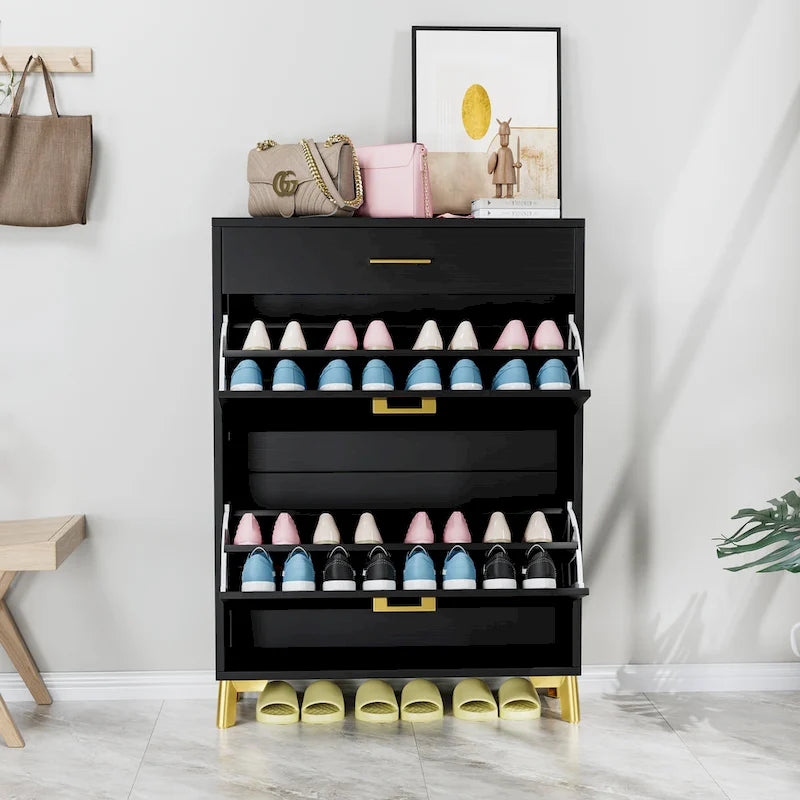 Meuble à chaussures pour entrée, organiseur autoportant avec 2 tiroirs basculants, rangement à chaussures caché pour couloir/penderie