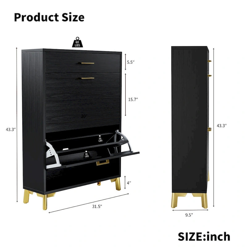 Meuble à chaussures pour entrée, organiseur autoportant avec 2 tiroirs basculants, rangement à chaussures caché pour couloir/penderie