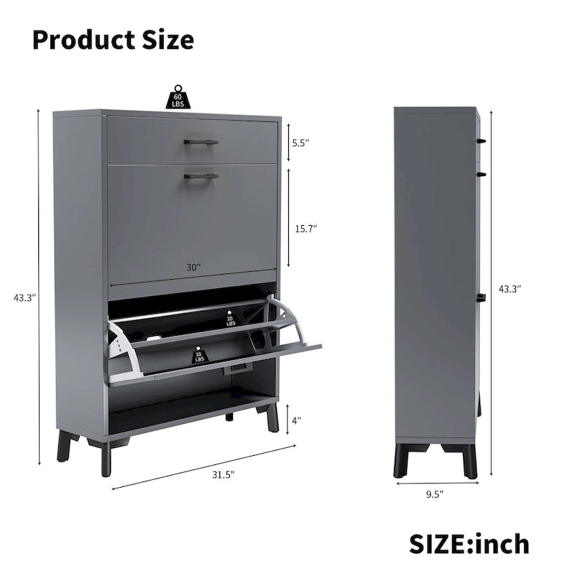 Meuble à chaussures pour entrée, organiseur autoportant avec 2 tiroirs basculants, rangement à chaussures caché pour couloir/penderie