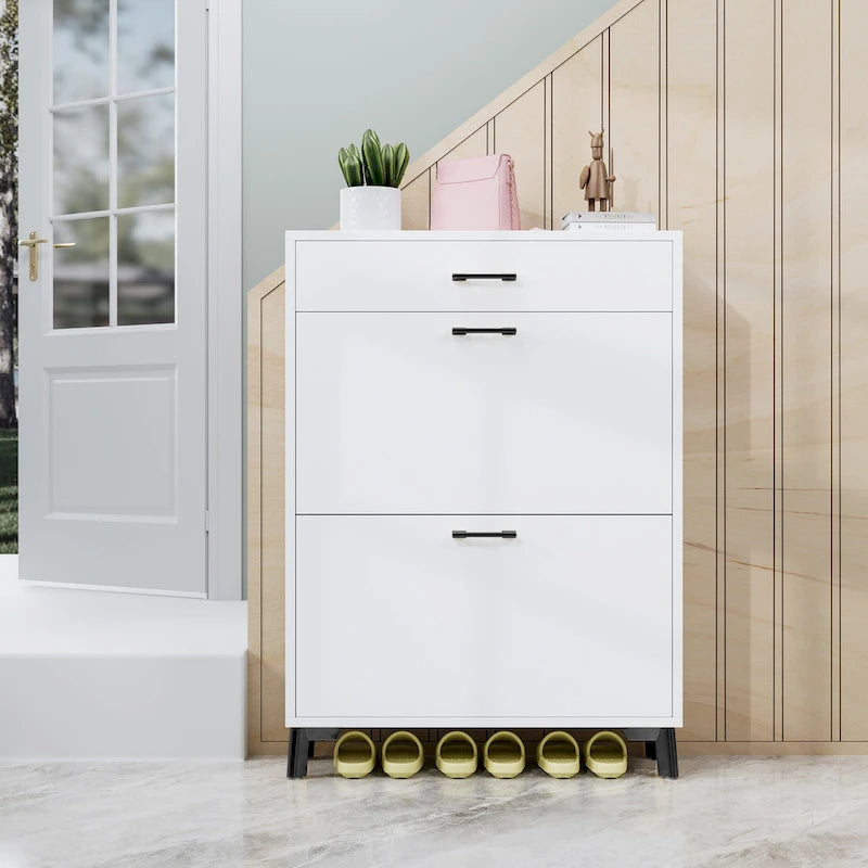 Meuble à chaussures pour entrée, organiseur autoportant avec 2 tiroirs basculants, rangement à chaussures caché pour couloir/penderie