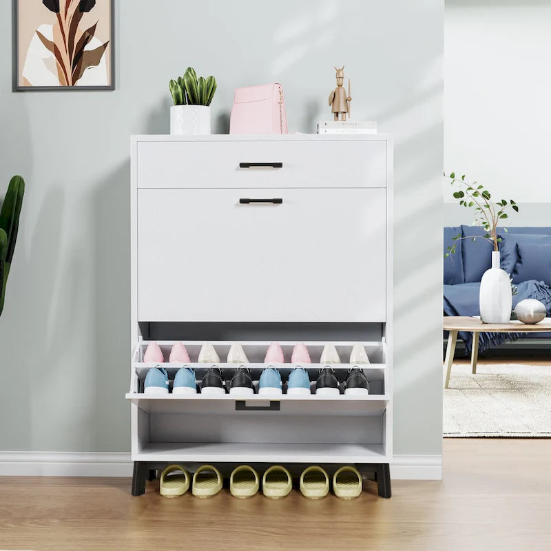 Meuble à chaussures pour entrée, organiseur autoportant avec 2 tiroirs basculants, rangement à chaussures caché pour couloir/penderie