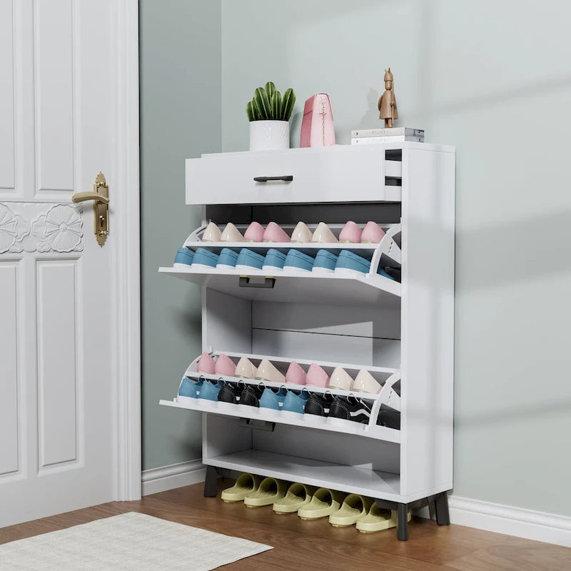 Meuble à chaussures pour entrée, organiseur autoportant avec 2 tiroirs basculants, rangement à chaussures caché pour couloir/penderie