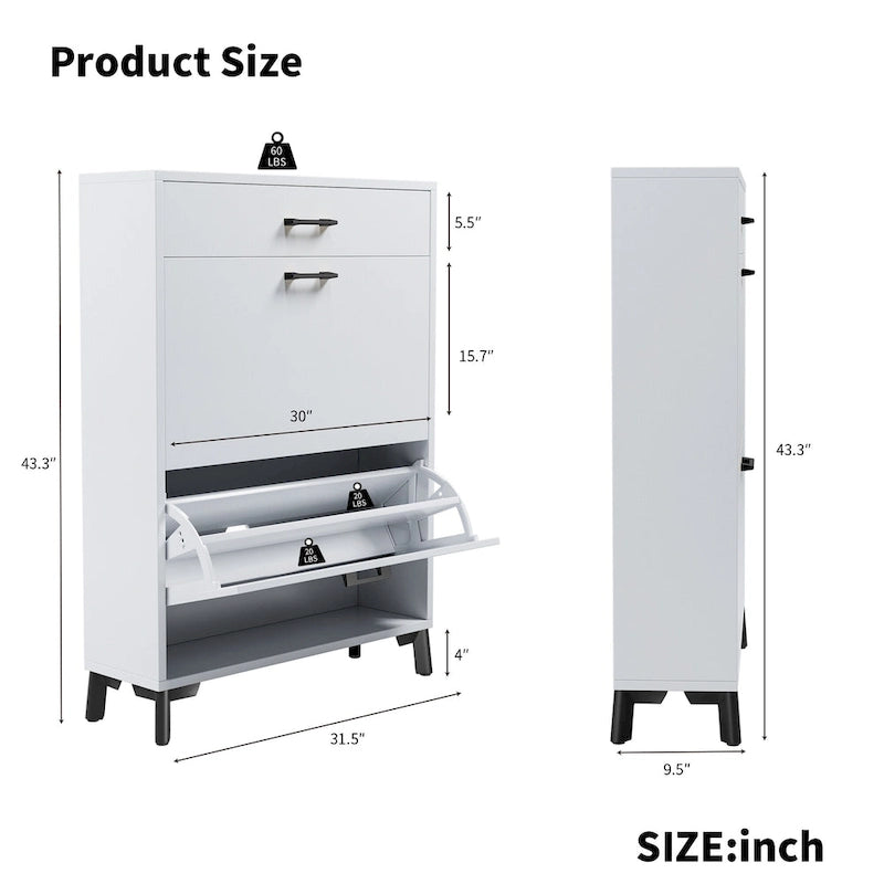 Meuble à chaussures pour entrée, organiseur autoportant avec 2 tiroirs basculants, rangement à chaussures caché pour couloir/penderie