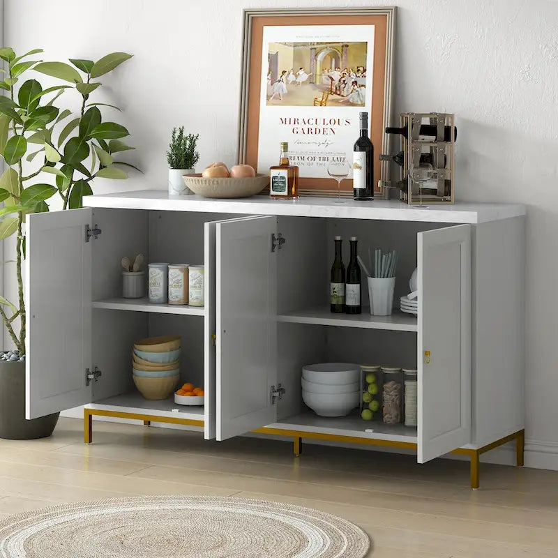 Bahut moderne avec grand espace de rangement, poignées et pieds en métal pour salon et salle à manger