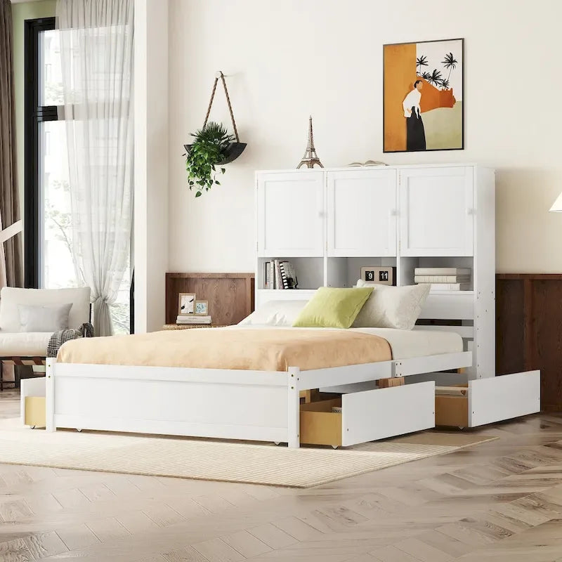 Lit plateforme Queen Size avec tête de lit de rangement et 4 tiroirs