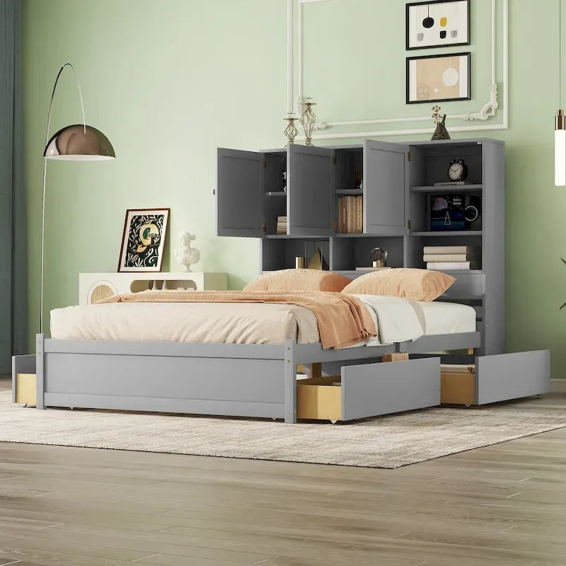 Lit plateforme Queen Size avec tête de lit de rangement et 4 tiroirs