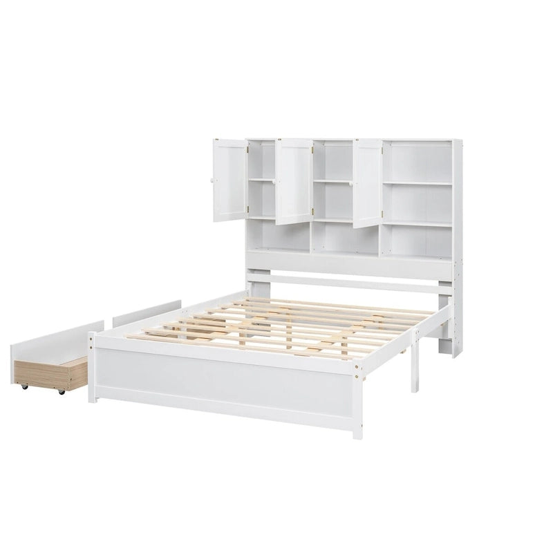Lit plateforme Queen Size avec tête de lit de rangement et 4 tiroirs