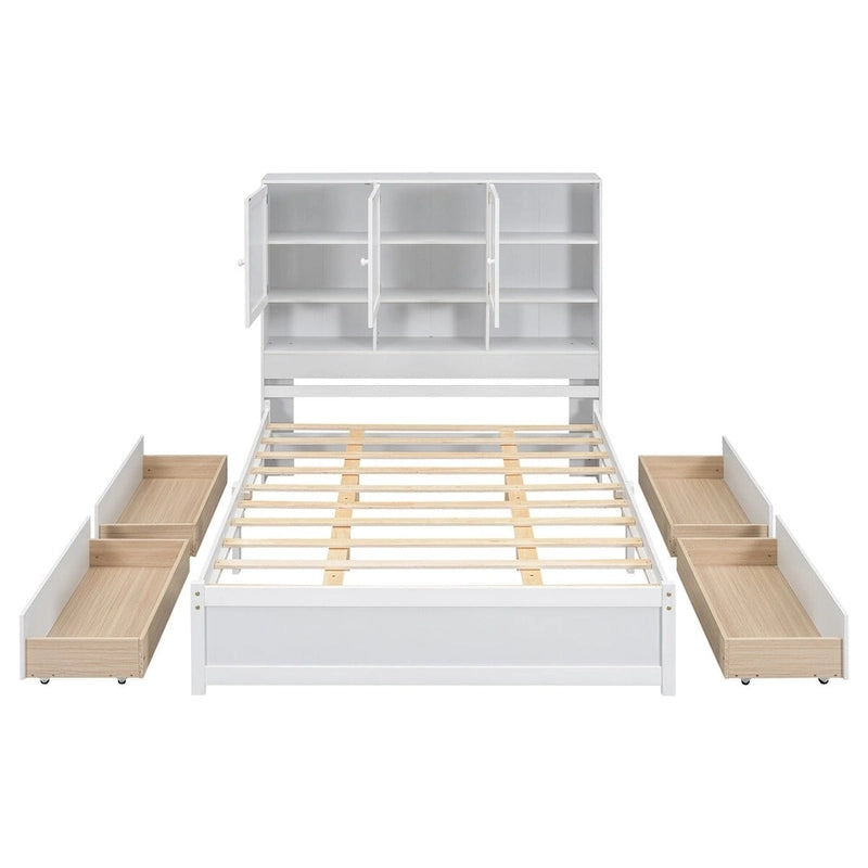 Lit plateforme Queen Size avec tête de lit de rangement et 4 tiroirs