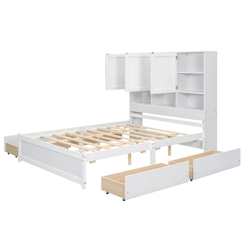Lit plateforme Queen Size avec tête de lit de rangement et 4 tiroirs