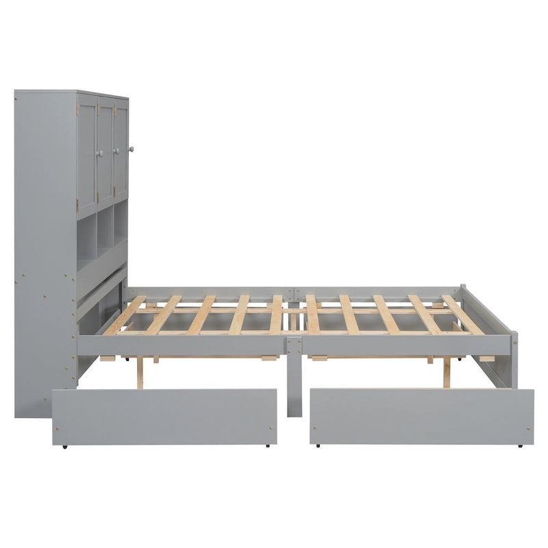 Lit plateforme Queen Size avec tête de lit de rangement et 4 tiroirs