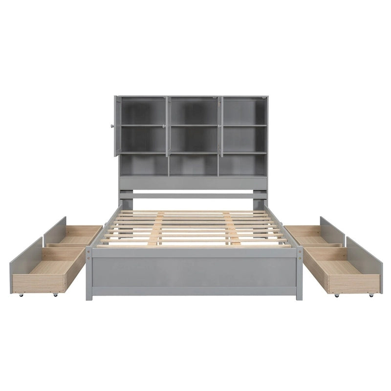 Lit plateforme Queen Size avec tête de lit de rangement et 4 tiroirs