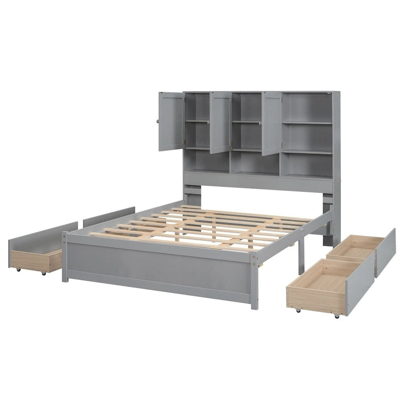 Lit plateforme Queen Size avec tête de lit de rangement et 4 tiroirs
